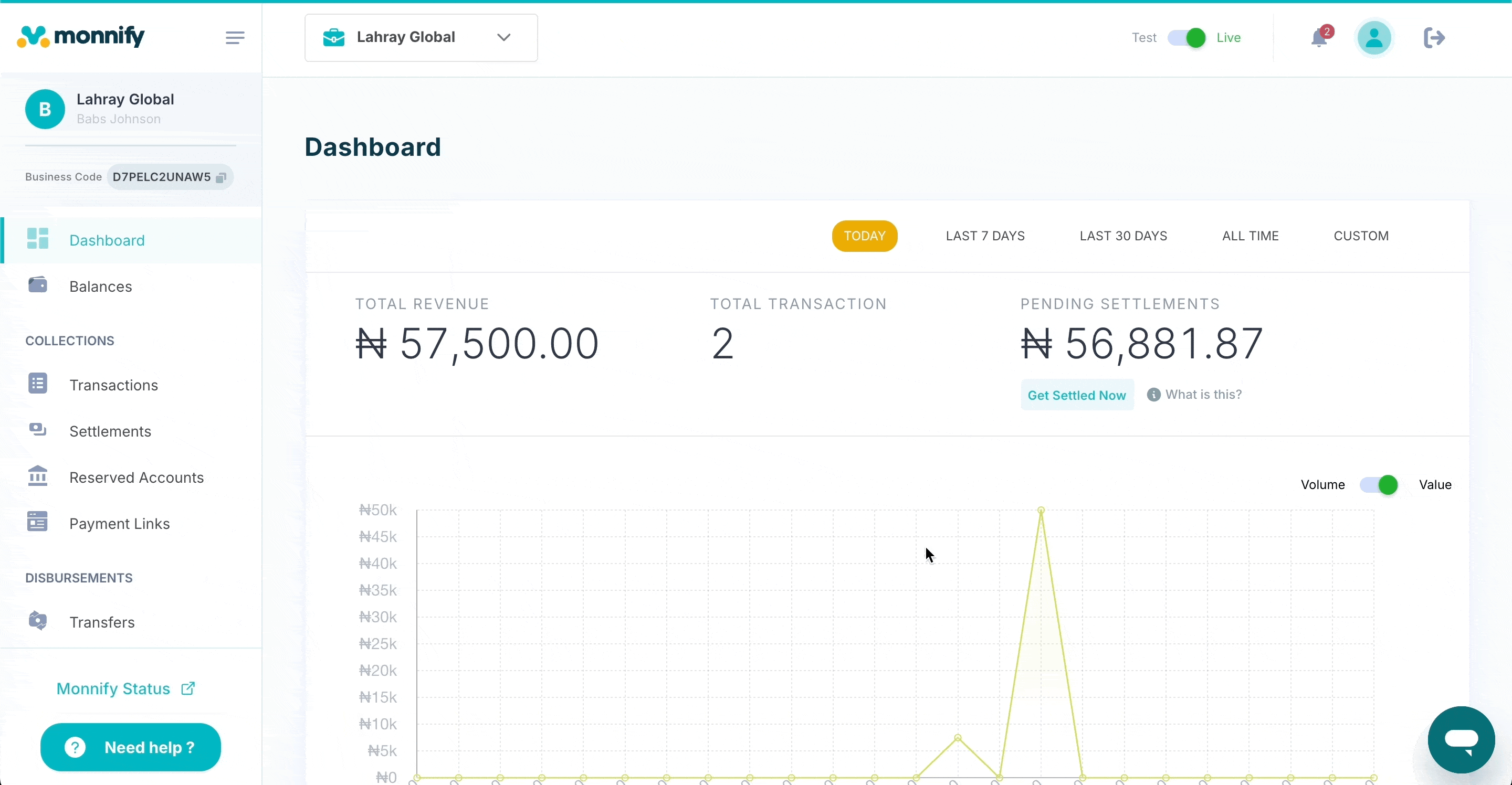 Express Settlement on the Monnify dashboard